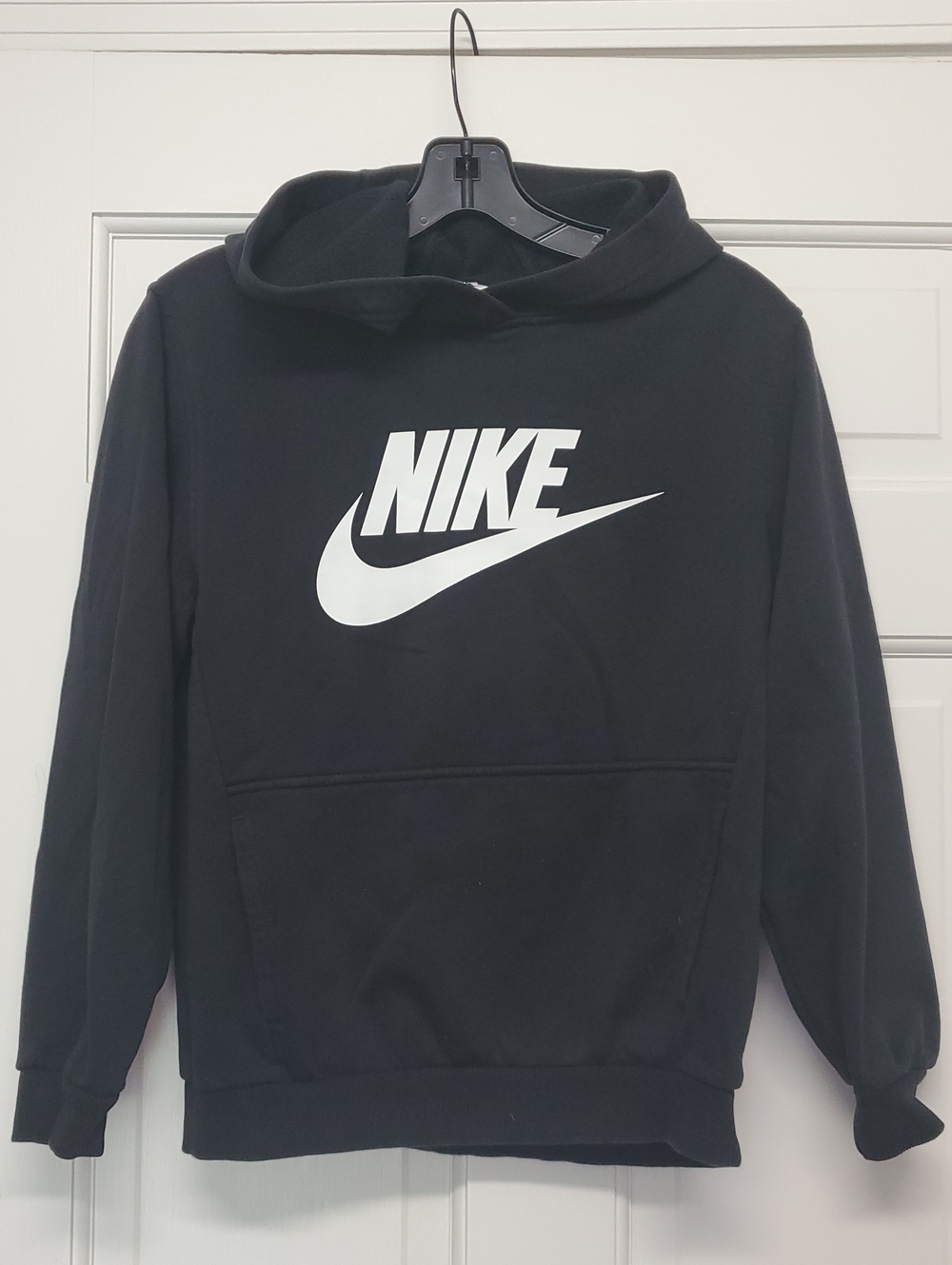 NIKE Boys Black Hoodie Sweatshirt with White Swoosh, Size Large